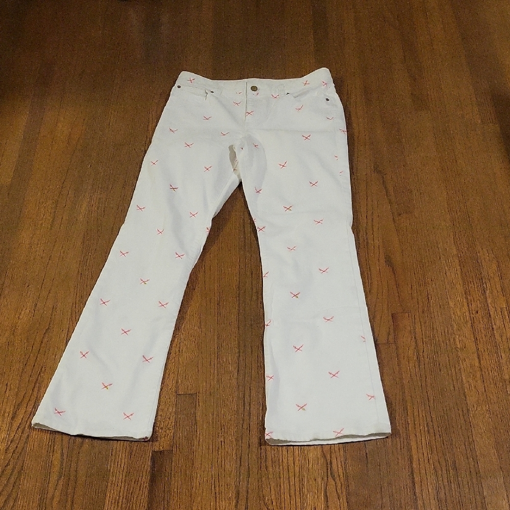 Lilly Pulitzer Pink Swords and White Flare Wide Leg Jeans